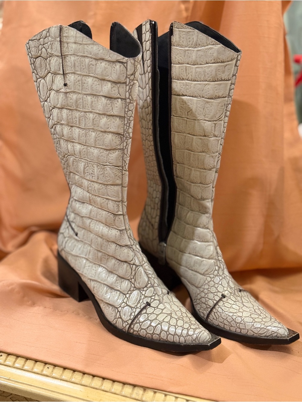 Donald Pliner Cream Croc-Embossed Knee Boot